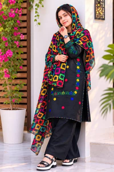 Black embroidered,Salwar qamez, multicolor dupatta