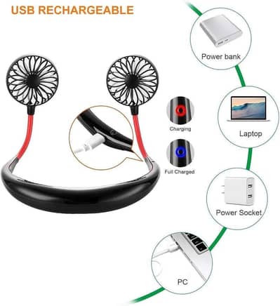 USB Rechargeable Black Neck Fan for Office Travel