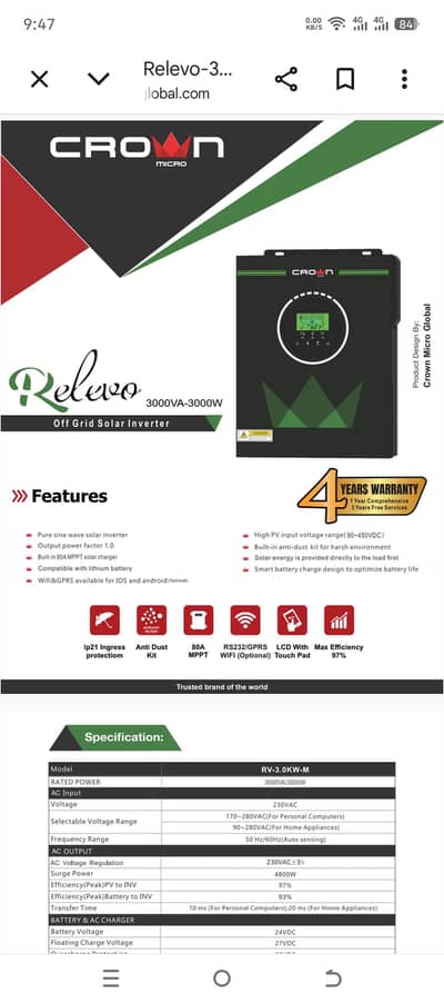 crown relevo 3kw + 2 tubelar batteries 1800