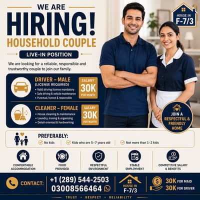 Household Couple Required | Mlae Driver | Female Maid Required | Jobs