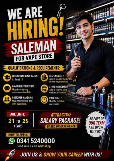 WE ARE HIRING Saleman For Vape store Scheme 3 rwp & i8 isb