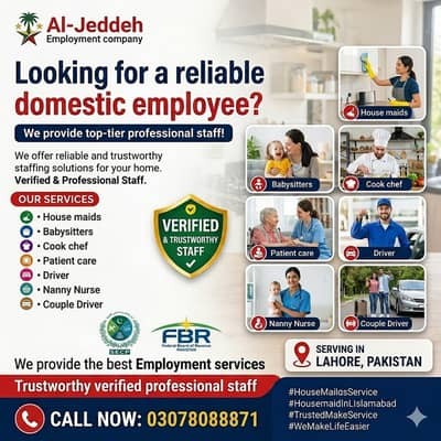 House maids, Maid, Baby Sitter, Chef, Home Cook, Patient Care, Driver