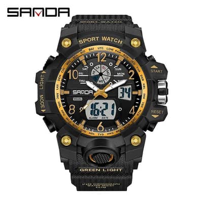 men's black sport watch with dual display & alarm clock