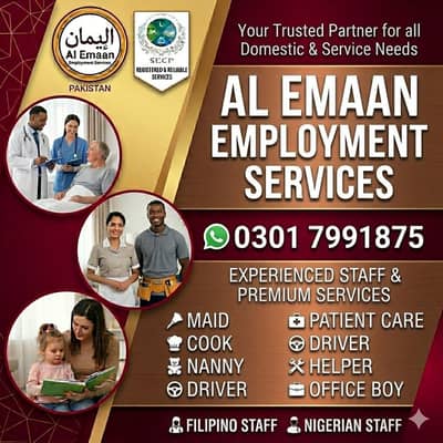 House Maid, Babysitter, Patient Care, Nursing Staff, Drivers, Cook
