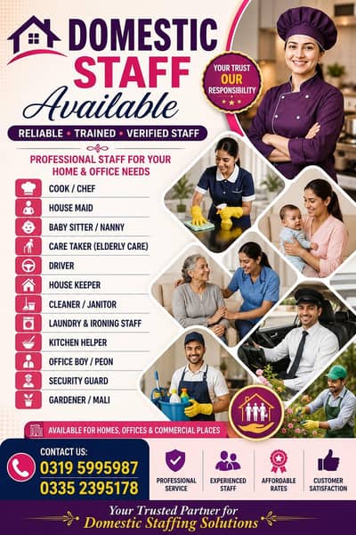Housemaid, Nanny, Cook, Driver, Attendant etc