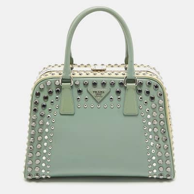 Prada Green/Beige Saffiano Patent Leather Studded Pyramid Frame Satch