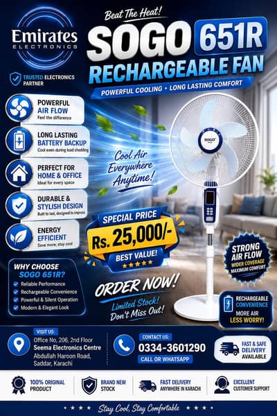 SOGO 651R Rechargeable Fan | Powerful Cooling | Original SOGO Fan