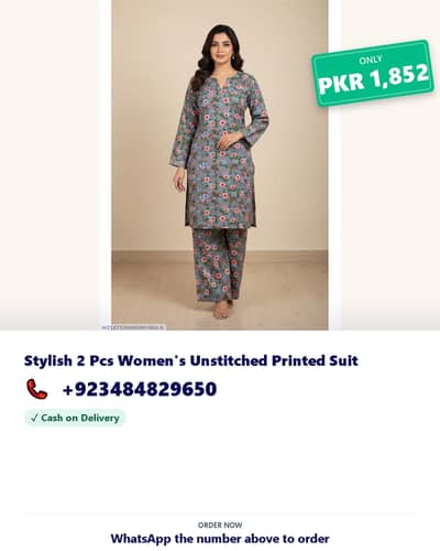 Stylish 2 Pcs Women's Unstitched Printed Suit online delivery only