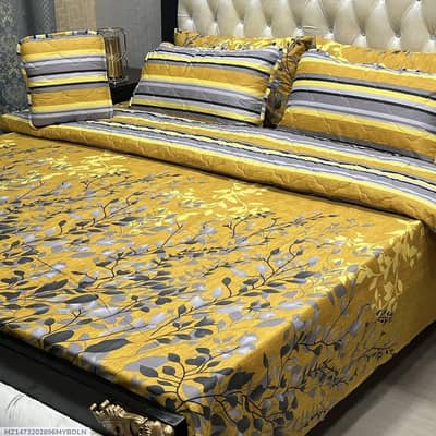 Cotton Salonica Printed Bed Sheet's Yellow Gray Leaf  Pattern