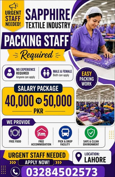 need urgent Sphair Textile company jobs vecancy male and female both