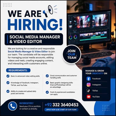 Video Editor & Social Media Manager Required || Male & Female Jobs (O