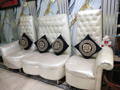 Premium Off-White Leather High-Back Sofa Set with Diamond Tufting