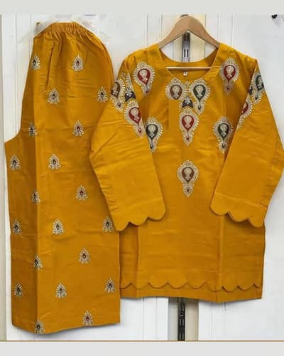 Mustard Embroidered 2-Pcs Cotton set for Women f