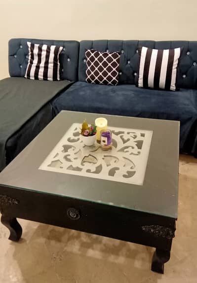 Elegant Square Wooden Centre Table with Glass Top & Carving Details