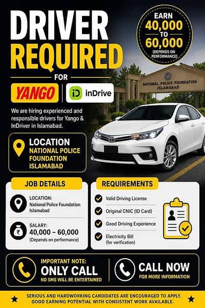 DRIVER REQUIRED FOR INDRIVE OR YANGO