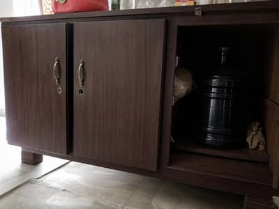 Table With 3 Mideuim Storage Cabinets.