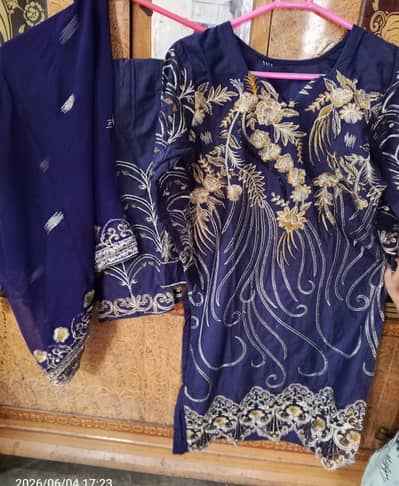 Navy Blue Embroidered Lawn Suit – Large Size – Like New