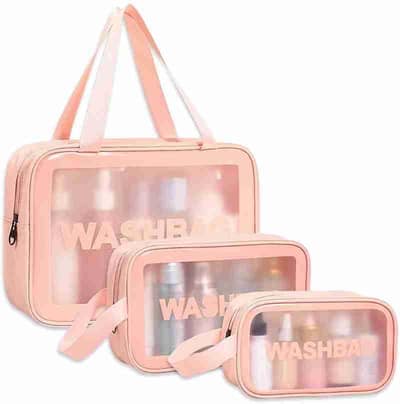 3pc pink wash bag set for makeup storage