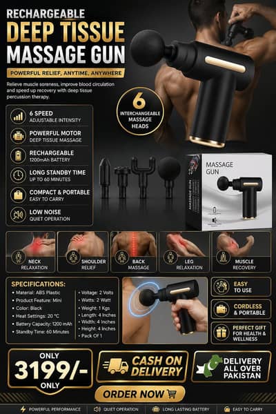 Rechargeable Deep Tissue Massage Gun 6 Speeds Black Gold