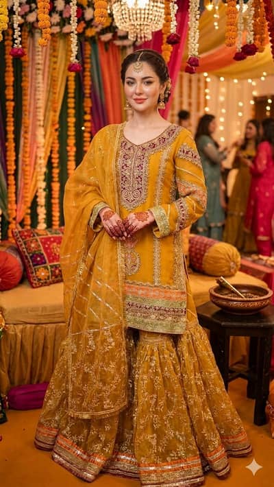 3 Pc Bridal Mehndi Gharara Dress with Heavy Embellishments