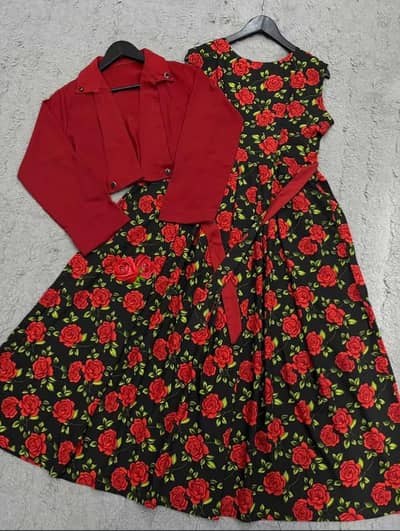 Elegant Red Rose Floral Girls Dress With Matching Red Jacket