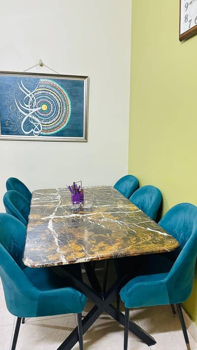 6 seater marble dinning table with steel bottom