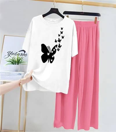 Women's Printed Cotton Jersey Night Suit (2 Pcs) – Cute Butterfly Prin
