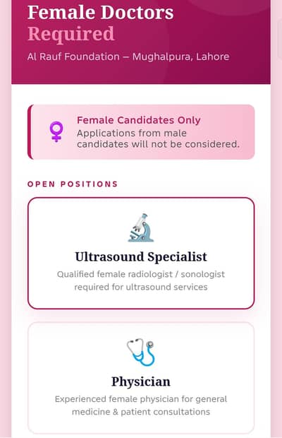 Lady Doctor Required : Ultrasound specialist , Physican