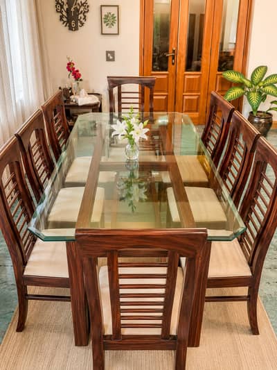 Wooden Glass Top-6-Seater Dining Table in Excellent condition for Sale