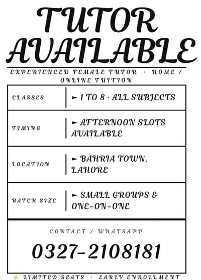 Female Tutor Available | Classes 1-8| All Subjects| Bahria Town Lahore