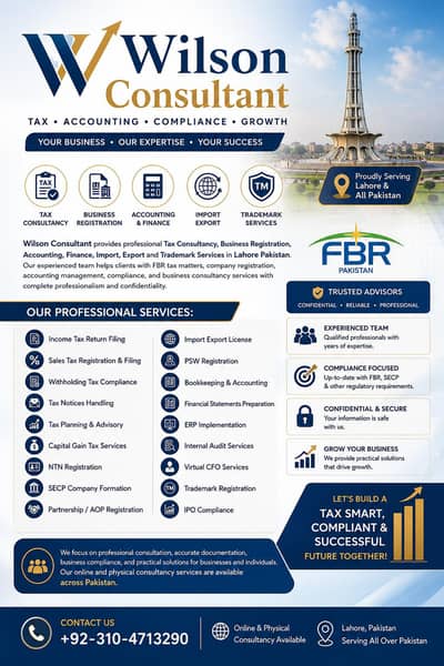 Tax return,FBR,SECP,Trademark,Import,Export,PSW
