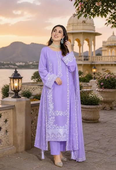 Luxury Embroidered 3-Piece Unstitched Lawn Suit Chiffon Dupatta Purple