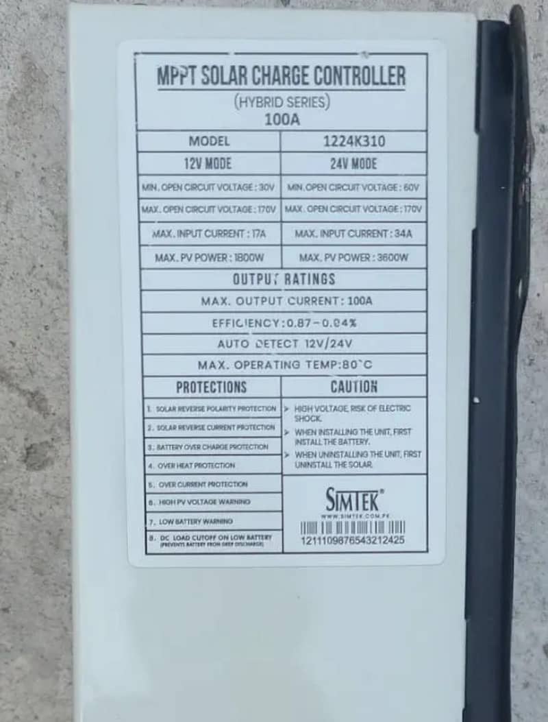 SIMTEK MPPT SOLAR CHARGE CONTROLLER 100A 1