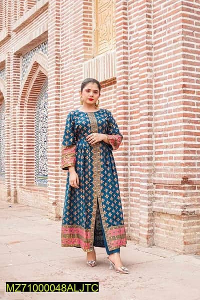 Blue printed katan silk maxi set party wear