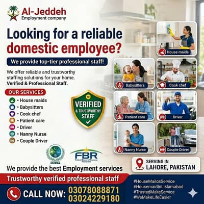 House maids, Maid, Baby Sitter, Chef, Home Cook, Patient Care, Driver