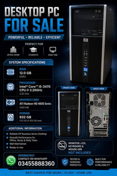 HP Desktop PC For Sale – Core i5 3rd Gen | 12GB RAM | 1TB HDD