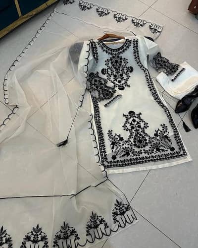 3pc White Black Embroidered Organza Suit - Ready to Wear - COD Karachi