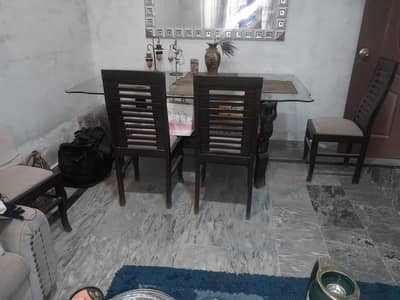 6-Chair Glass Top Wooden Dining Table Set – 10/10 Condition