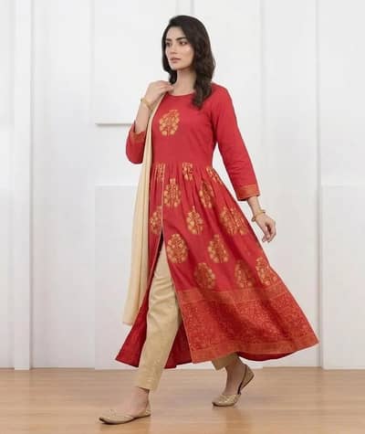Stitched Maroon Block Print 3pc Long Frock | Taunsa COD