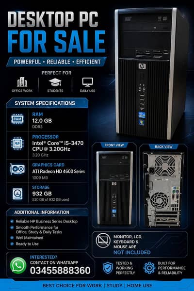 HP Desktop PC For Sale – Core i5 3rd Gen | 12GB RAM | 1TB HDD