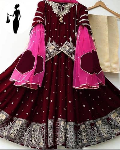 Maroon Embroidered Maxi Suit 3pcs Shamoz Silk Eid Formal