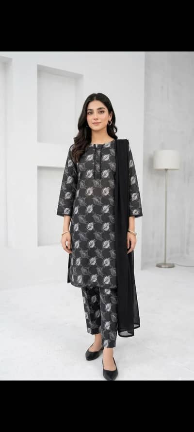 Black Printed Kurta Set with Shawl for Women