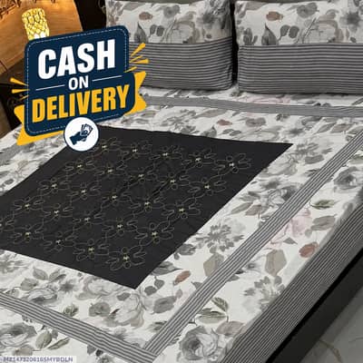 Stylish 3 Pcs Cotton Sotton Embroidered Patchwork Double Bedsheet