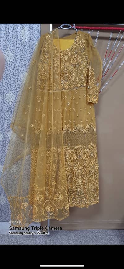 Brand New Luxury Mustard Gold Heavy Embroidered party Wear Maxi