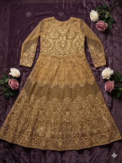 Brand New Luxury Mustard Gold Heavy Embroidered party Wear Maxi