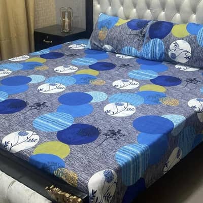 premium blue printed crystal cotton double bedsheet set of 3