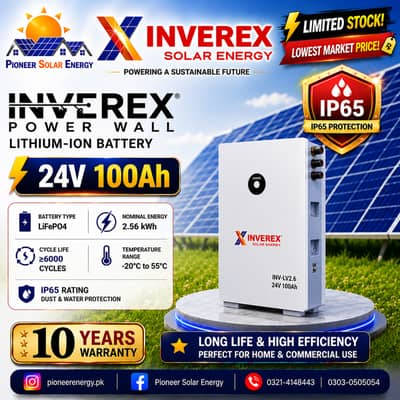 INVEREX 2.56KWh [24V 100A] WITH IP65 SOLAR LITHIUM BATTERIES