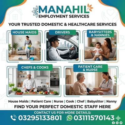 House maids, Maid, Baby Sitter, Chef, Home Cook, Patient Care, Driver