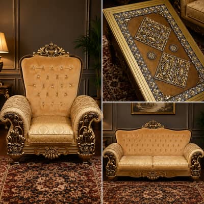 Luxury Royal Sofa Set (3+1+Center Table) – Golden Classic Design