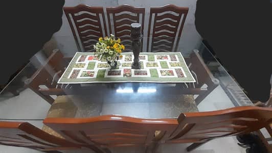 Solid Wood Dining Table with Glass Top and 8 chairs